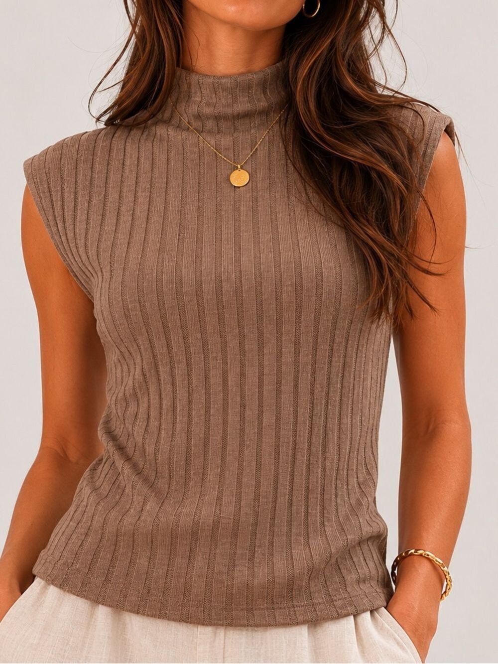 Michael Stars Los Angeles Ribbed Mock Neck Sleeveless Top